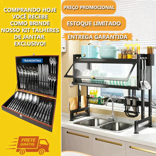 Rack escorredor de louça aço inox + tabua Amio de brinde Grandeza Brasil Preto 